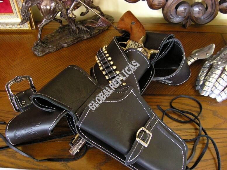 BLACK LEATHER BELT With BULLETS IN TWO revolvers (708)