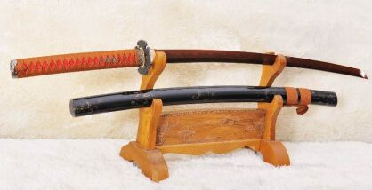 Katana samurai sword STEEL RED layered Damascus steel, hardened clay, Sanmai r1012
