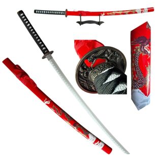 Miecz Katana Ostrze Bambusowe Czerwony Smok z Pochwą i Stojakiem HK1137WD