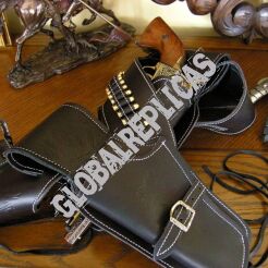 BLACK LEATHER BELT With BULLETS IN TWO revolvers (708)