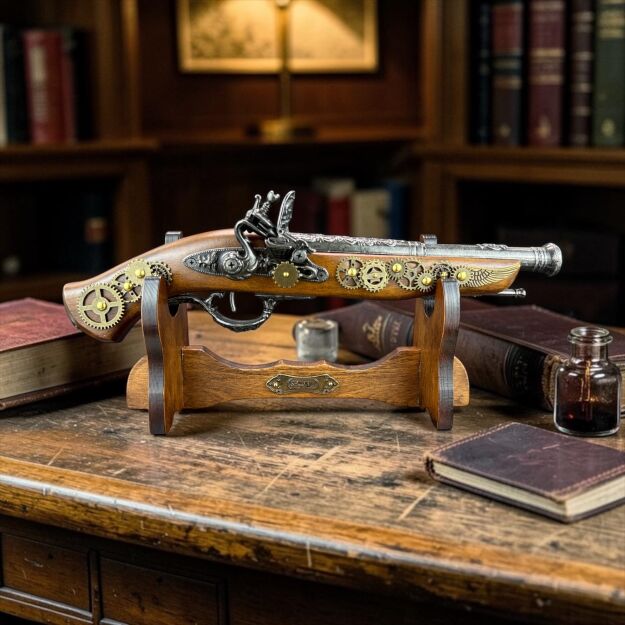 Pistolet Skałkowy w Stylu Steampunk  AG328.01 ze stojakiem
